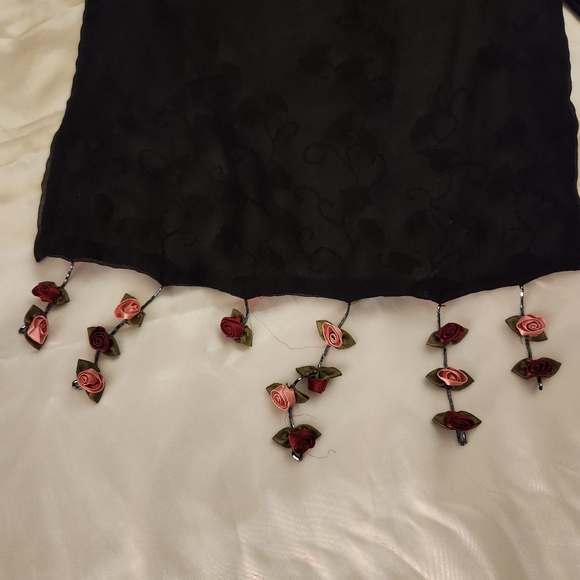 Vintage Womens Black Sheer Scarf/Shawl with Rosebuds & Fringe Accents 60" x 16" - Picture 7 of 10